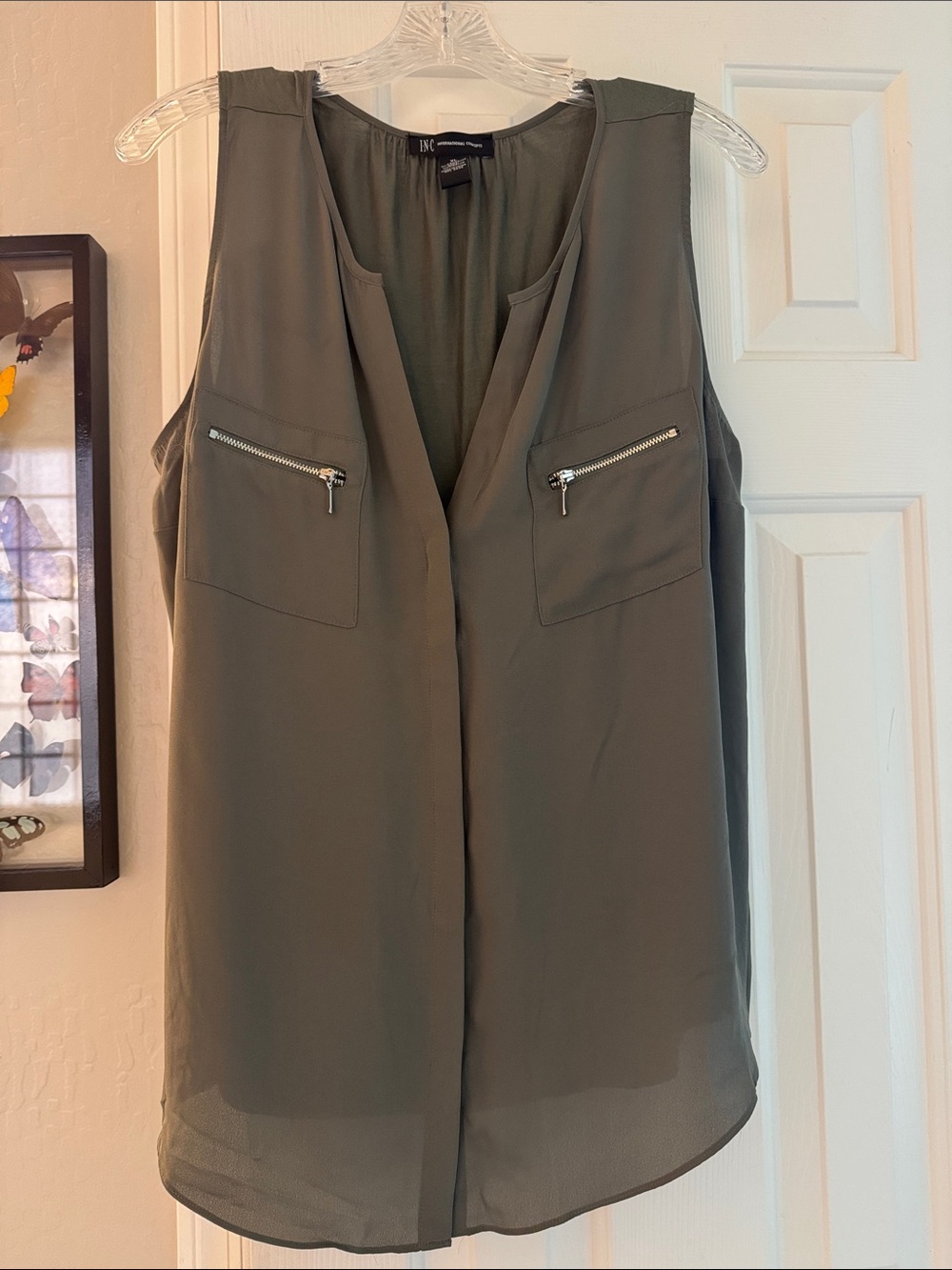 INC Olive Utility Zip-Pocket Sleeveless V-Neck Mixed Media Tank Top